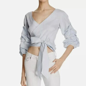 Bardot Wrap Top Blouse - Draped Gathered Ruffle Sleeves - Blue - Size 10/L